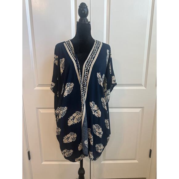 Hipster Row Navy Blue with Beige Boho Paisley Open Front Kimono - Picture 8 of 8